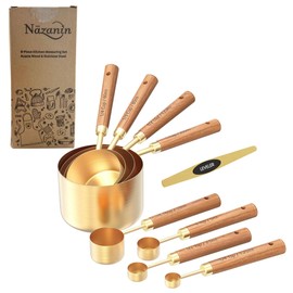 NAZANIN 9-Piece Measuring Set with Leveler | Gold Stainless Steel Measuring Cups and Spoons with Acacia Wood Handles | Luxury Kitchen Baking Accessories: Precision Baking Tools