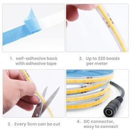 Arotelicht COB LED Strip Light 12V Flexible LED Light with High Density High Brightness, 2m 320LEDs/m Warm White 3000K, LED Ribbon IP20 for Indoor Decoration, TV Backlight, Bedroom(Only a Strip)