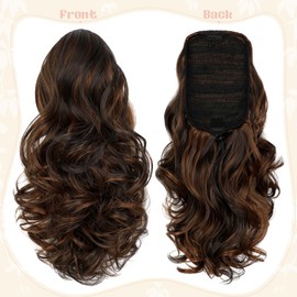 Felendy Ponytail Extension, 15" Drawstring Ponytail Hair Extensions Curly Wavy Clip in Pony Tails Cute Synthetic Hairpiece for Women Daily Use Dark Brown Mix Light Auburn
