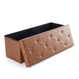 Sweetcrispy 43 Inches Folding Ottoman with Storage Bench, Foot Rest Stool, End of Bed Storage Bench Upholstered, Load 660 lbs, for Living Room, Synthetic Leather, Brown