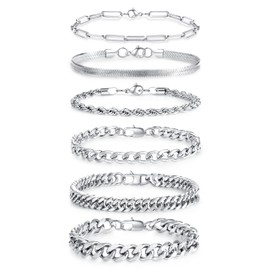 MAIBAOTA 6PCS Mens Cuban Chain Bracelets 2026 Fathers Gifts for Husband Dad Stainless Steel Silver Bracelet Jewellery Set Gift for Men 19 cm (7.5")