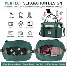FIORETTO Womens Sports Gym Tote Bag Duffle Bag with Wet Pocket, Travel Bag Weekend Overnight Bags with Removable Strap, Water-Resistant Carry On Bag Hospital Holdalls for Women Dark Green