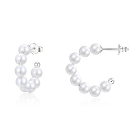 Pearl Hoop Earrings Silver 925 Hoop Earrings with Pearls Small Pearl Hoop Earrings Stud Pearl Earrings Round Pearl Earrings Jewellery Gifts for Women Girls, Sterling Silver