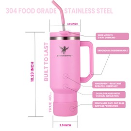 ZERO SWIG Insulated Travel Tumbler (40 Oz) 40 Oz Insulated Tumbler with Handle and Straw Stainless Steel Construction, 40 Oz Tumbler with Handle and Straw 40 Oz Tumbler Pink (Pink)