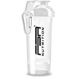 FSA Nutrition Protein Shaker with Powder Compartment for Creamy Shakes with Strainer Insert and Container, BPA-Free and Leak-Proof White