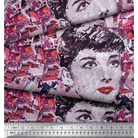 Soimoi Orange Velvet Fabric News Paper & Women Face Printed Fabric 1 Yard 58 Inch Wide