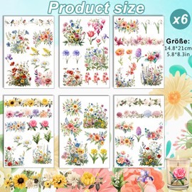 Rub On Sticker Flowers, Pack of 6 A5 Rub On Stickers, Rub On Foil Transfer Stickers, Rub On Flower, for Furniture, Glass, Wood, Scrapbooking, DIY Craft Decoration (Flowers)