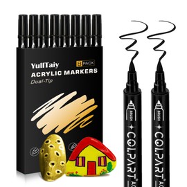 YullTaiy Dual Tip Acrylic Paint Pens Markers, 8 Pack Black Paint Pens for Wood, Canvas, Stone, Rock Painting, Glass, Ceramic Surfaces, DIY Art Supplies (Black)