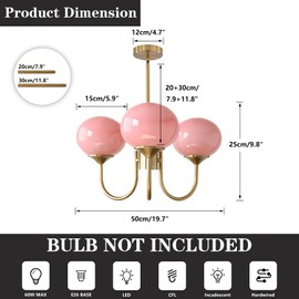 Flyrose Pink Globe Chandelier Pendant Light 3 Light Mid Century Modern Chandelier Gold Large Globe Pendant Light Vintage Pink Glass Pendant Light Flower Chandelier Lighting