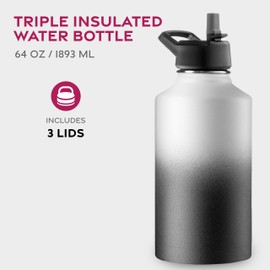 FineDine Water Bottle - Stainless Steel Insulated Water Bottle with Straw Lid, Flip Lid & Wide-Mouth Cap - Keeps Hot and Cold - 64 Oz / 1.89L - Dreamy Black-White