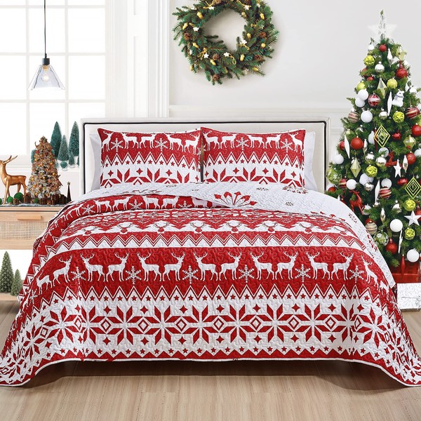 Mocaletto Christmas Quilts Twin Size, Reversible Christmas Bedding Set with