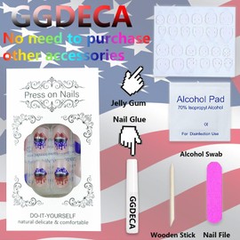 GGDECA Independence Day Square Press on Nails Medium Fake Nails 4th of July French Tip False Nails with Designs American Flag Nude Acrylic Glossy Glue on Nails for Woman 24Pcs