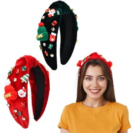 ABONDEVER 2Pcs Womens Christmas Headbands Rhinestone Headband Holiday Comfortable Jeweled Velvet Top Knot Headband Hair Accessories Gifts (Red+Green: A)