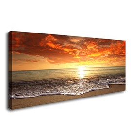 Baisuart-S0162 Canvas Prints Wall Art Sunset Ocean Beach Pictures Photo Paintings for Living Room Bedroom Home Decorations Modern Stretched and Framed Seascape Waves Landscape Giclee Artwork