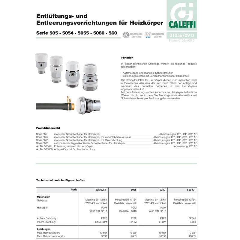 Caleffi 5080 - Automatisches, hygroskopisches Entlüftungsventil, 3/8 Zoll, Serie 5080