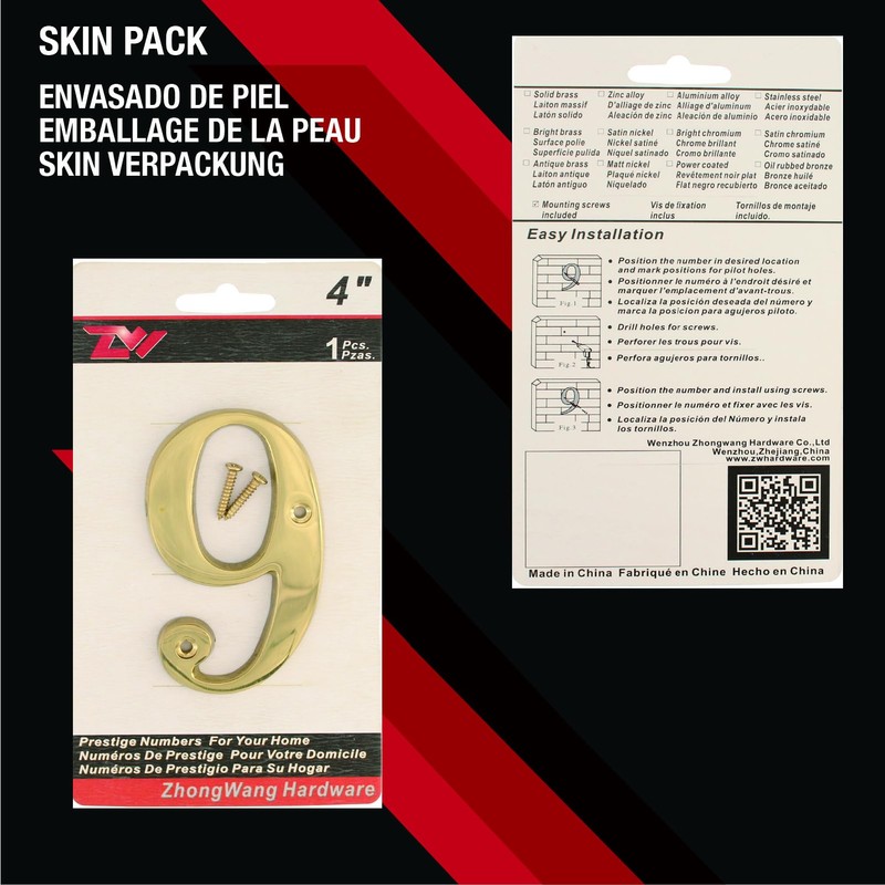 ZW Hardware A100 4 Inch Bright Brass House Number 9