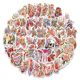 50 PCS Floral Anatomy Sticker Pack – Beautifully Illustrated Organs and Skeletons with Floral Designs for Laptops, Water Bottles