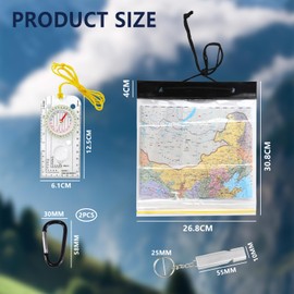 1 Waterproof Map Bag with Survival Whistle and Orientation Compass with 2 Carabiners, Outdoor Trekking Kit for Adventure, Hiking, Mountaineering