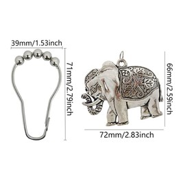 Elephant Shower Curtain Hooks Rings - Rust Proof Stainless Steel Hangers, Decorative Hook Set of 12 with Cute Animal Decor Bathroom Bedroom Living Room Dorm Curtains (Silver), (Shower Ring-18)