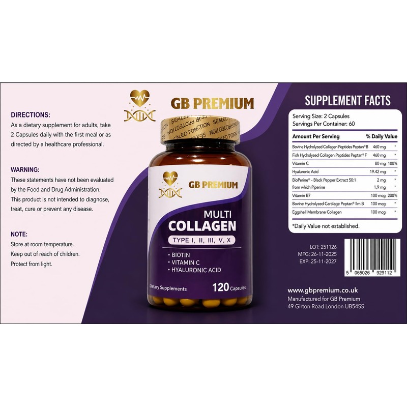 GB Premium Multi Collagen Capsules, Type I, II, III, V