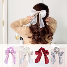 4 PCS Bow Silk Scrunchies, Hair Ties with Bows, Hair Scrunchies for Women Girls, Knotted Bow Silk Hair Ties, Satin Hair Ribbon Elastic Hair Ties Hair Accessories Gifts Holiday