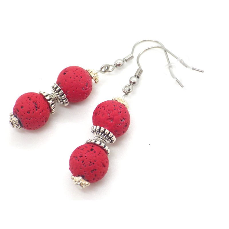 Damen-Ohrringe und Halskette-Schmuckset mit rotem Lavastein-Perlenanhänger und tibetischen Perlen