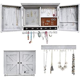 GLANT Rustic Wall Mounted Jewelry Organizer with Wooden Barndoor Decor,Wooden Wall Mount Holder,Jewelry holder for Necklaces, Earings, Bracelets, Ring Holder. Includes matching hook organizer