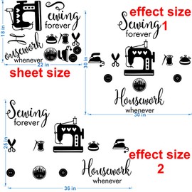 ANFRJJI Sewing Tailor's Wall Decal - Removable PVC Sticker with "Sewing Forever Housework Whenever" Quote and Sewing Machine Scissors Graphic - effect 25"x36" - Vintage Sewing Room Decor for Tailor Shop or Home Studio (black-JWH262-Sewing)