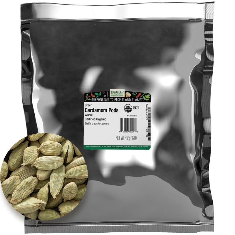 Frontier Co-op Organic Whole Cardamom Pods, 1-Pound, Sweet, Warm Taste,