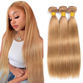 #27 Blonde Straight Bundles Human Hair Honey Blonde Bundles Double Weft Weave Soft and Shiny Human Hir Weft Extensions Pure Color 27 Honey Blonde 20 22 24 Inch
