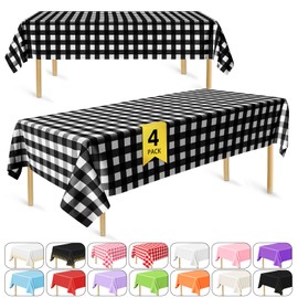 Bouiexye 4 Pack Disposable Table Cloth Black Gingham Plastic Tablecloth 54 x 108 Inch Rectangular Tablecloths for Indoor Outdoor Party Birthdays Weddings Christmas Anniversary Buffet Table