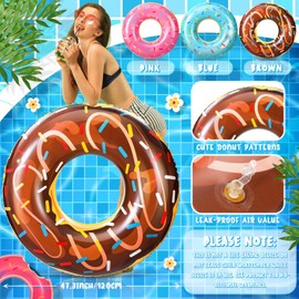 Qiyaz 3 Pack 47.24 Inches Jumbo Donut Pool Floats for Adults Lovely Donut Inflatable Tube Swim Rings Floaties for Pool, Large Donut Inflatable for Party Decorations Supplies