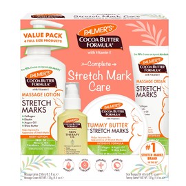 Palmer's - Kit para Estrías Embarazo con Manteca de Cacao – Tratamiento Completo con Loción, Crema, Bálsamo y Aceite Corporal para Reducir Estrías y Mejorar la Elasticidad de la Piel | Aprobado por dermatólogos | Set de regalo de 4 piezas