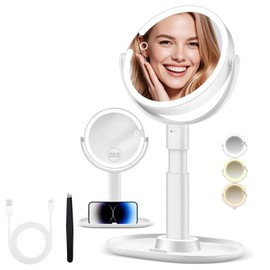 20X/1X Magnifying Makeup Mirror with Lights, Double-Sided Home Vanity Mirror with 3 Color Brightness Adjustable, 360° Rotation, Adjustable Height, Rechargeable, Phone Holder and Storage Tray
