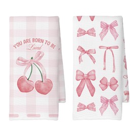 CUANFDDSF Trendy Pink Bow Cherry Kitchen Towels Set of 2, Coquette Party Decor, Girls Room Decor, Preppy Towels for Girls Bathroom Kitchen Decoration Tea Towels Kitchen Hand Towels 16x24 Inch