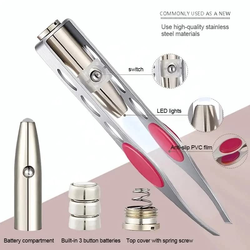 Professional tweezers with steel LED light for eyebrow and hair