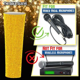 RhymKawa B58 Gold Mic Sleeve Replacement for Universal Vocal Wired Microphone SM58LC Beta 58a, Golden Rhinestones Cover Shining on Wedding Christmas Party Tours TV Shows (Mic Not Included)