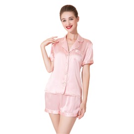 LEPTON 100% Mulberry Silk Short Sleeve Pajama Set (as1, alpha, s, regular, regular, Standard, Pink)