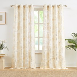 Ronaldecor Gold Leaf Patterned Linen Curtains for Living Room Bedroom 2 Panels Tropical Palm Leaf Farmhouse Semi Sheer Grommet Drapes Light Filtering Botanical Window Panels, 52x90Inch