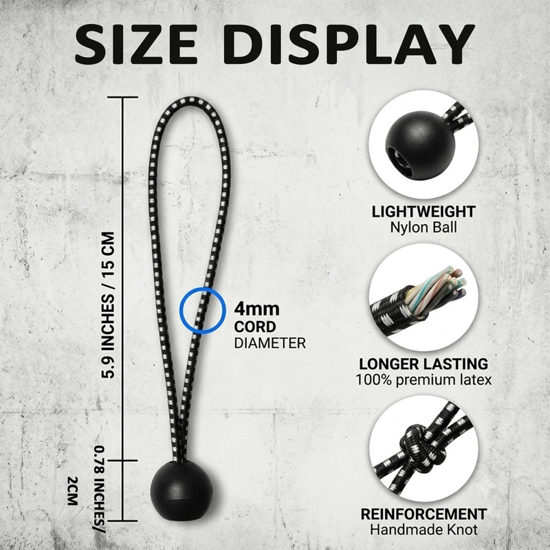 30 Pack 6 inch Black Bungee Balls Cord, Ball Stretch