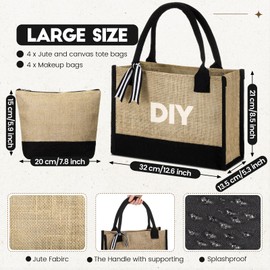 Sweetude 4 Set Jute Burlap Tote Bag with Canvas Makeup Pouch Reusable DIY Craft Blank Gift Bags for Wedding Bridesmaid(Black)