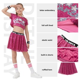 LOLANTA Girls Sequin Dance Outfits Glitter Jazz Hip Hop Dance Wear Crop Tops with Skirt 5-12 Years, pink