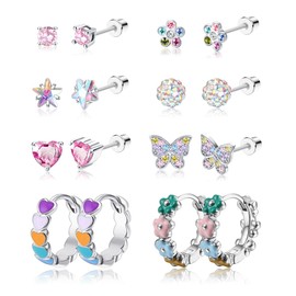 JeryWe 8 Pairs Hypoallergenic Screwback Earrings Studs for Women 316L Stainless Steel CZ Heart Hoop Earrings Cute Flower Butterfly Screw Back Stud Earrings Set