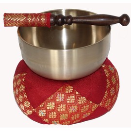 Singing Bowl Set Japanese Rin Gong Spun Brass with Cushion & Striker (4.2" Round Red Gold Brocade)