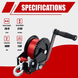 TYT 1600lb Boat Trailer Winch with 8M Red Strap, 2 Way Ratchet Hand Crank Strap Winch with Strong Hook, Heavy Duty Steel Construction Manual Gear Winch for RV Jet Ski Boat Trailer Towing Pulling Winch