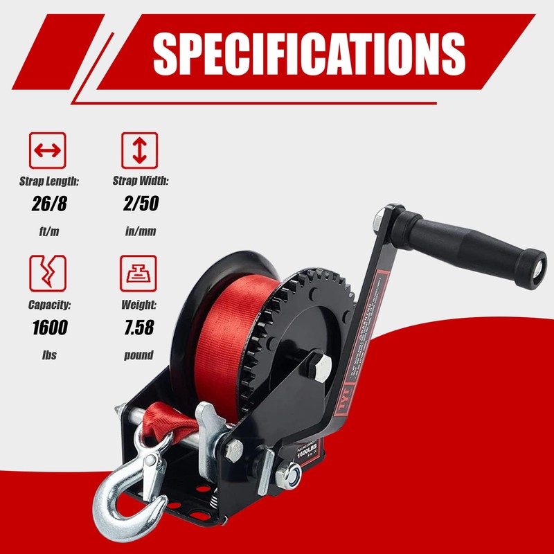 TYT 1600lb Boat Trailer Winch with 8M Red Strap, 2