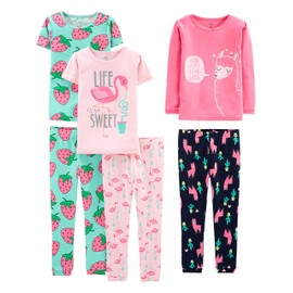 Simple Joys by Carter's Girls' Toddler 6-Piece Snug Fit Cotton Pajama Set, flamingo/strawberries/Llama, 2T