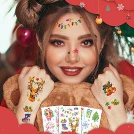 Christmas Glitter Temporary Tattoo Sticker Set - Festive Temporary Tattoos for the Holiday Season 10 sheets (Christmas)