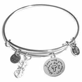 Hidden Hollow Beads Message Charm (14 Words to Choose from) Expandable Wire Bangle Bracelet, in The Popular Style, Comes in A Gift Box! (Religious - Cross)