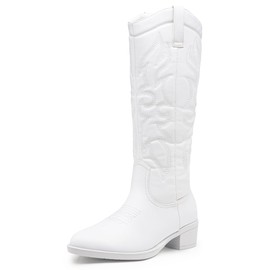 Vepose Womens Tall Cowboy Boots Western Knee High Comfy Cowgirl Low Heel 9810 Embroidered Boots for Women (CJY9810 White 10)